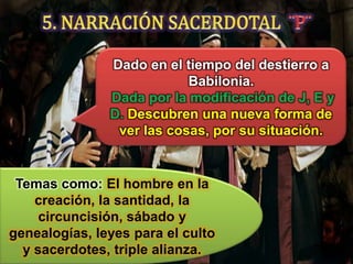 Dado en el tiempo del destierro a
Babilonia.
Dada por la modificación de J, E y
D. Descubren una nueva forma de
ver las cosas, por su situación.

Temas como: El hombre en la
creación, la santidad, la
circuncisión, sábado y
genealogías, leyes para el culto
y sacerdotes, triple alianza.

 
