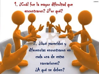 1. ¿Cuál fue la mayor dificultad que
encontraron? ¿Por qué?

2. ¿Qué parecidos y
diferencias encontraron en
cada una de estas
narraciones?
¿A qué se deben?

 