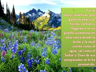 Por lo
tanto, israelitas, pón
galos en práctica.
Así les irá bien y
llegarán a se un
pueblo numeroso en
esta tierra donde la
leche y la miel
corren como el
agua, tal como el
Señor y Dios de sus
antepasados se lo ha
prometido.
3

 
