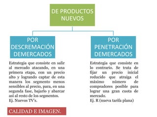 DE PRODUCTOS
                            NUEVOS


      POR                                   POR
 DESCREMACIÓN                           PENETRACIÓN
  DEMERCADOS                            DEMERCADOS
Estrategia que consiste en salir    Estrategia que consiste en
al mercado atacando, en una         lo contrario. Se trata de
primera etapa, con un precio        fijar un precio inicial
alto y logrando captar de esta      reducido que atraiga el
manera los segmento menos           máximo       número        de
sensibles al precio, para, en una   compradores posible para
segunda fase, bajarlo y abarcar     lograr una gran cuota de
así al resto de los segmentos.      mercado.
Ej. Nuevos TV’s.                    Ej. R (nueva tarifa plana)

CALIDAD E IMAGEN.
 