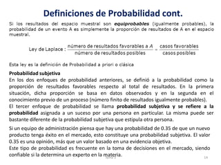 Definiciones de Probabilidad cont.
Probabilidad subjetiva
En los dos enfoques de probabilidad anteriores, se definió a la probabilidad como la
proporción de resultados favorables respecto al total de resultados. En la primera
situación, dicha proporción se basa en datos observados y en la segunda en el
conocimiento previo de un proceso (número finito de resultados igualmente probables).
El tercer enfoque de probabilidad se llama probabilidad subjetiva y se refiere a la
probabilidad asignada a un suceso por una persona en particular. La misma puede ser
bastante diferente de la probabilidad subjetiva que estipula otra persona.
Si un equipo de administración piensa que hay una probabilidad de 0.35 de que un nuevo
producto tenga éxito en el mercado, esto constituye una probabilidad subjetiva. El valor
0.35 es una opinión, más que un valor basado en una evidencia objetiva.
Este tipo de probabilidad es frecuente en la toma de decisiones en el mercado, siendo
confiable si la determina un experto en la materia. 14Tema 3
 