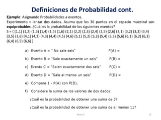 Definiciones de Probabilidad cont.
Ejemplo: Asignando Probabilidades a eventos.
Experimento = lanzar dos dados. Asuma que los 36 puntos en el espacio muestral son
equiprobables. ¿Cuál es la probabilidad de los siguientes eventos?
S = { (1,1) (1,2) (1,3) (1,4) (1,5) (1,6) (2,1) (2,2) (2,3) (2,4) (2,5) (2,6) (3,1) (3,2) (3,3) (3,4)
(3,5) (3,6) (4,1) (4,2) (4,3) (4,4) (4,5) (4,6) (5,1) (5,2) (5,3) (5,4) (5,5) (5,6) (6,1) (6,2) (6,3)
(6,4) (6,5) (6,6) }
15Tema 3
 