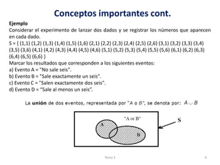 Ejemplo
Considerar el experimento de lanzar dos dados y se registrar los números que aparecen
en cada dado.
S = { (1,1) (1,2) (1,3) (1,4) (1,5) (1,6) (2,1) (2,2) (2,3) (2,4) (2,5) (2,6) (3,1) (3,2) (3,3) (3,4)
(3,5) (3,6) (4,1) (4,2) (4,3) (4,4) (4,5) (4,6) (5,1) (5,2) (5,3) (5,4) (5,5) (5,6) (6,1) (6,2) (6,3)
(6,4) (6,5) (6,6) }
Marcar los resultados que corresponden a los siguientes eventos:
a) Evento A = "No sale seis".
b) Evento B = "Sale exactamente un seis".
c) Evento C = "Salen exactamente dos seis".
d) Evento D = “Sale al menos un seis”.
Conceptos importantes cont.
6Tema 3
 