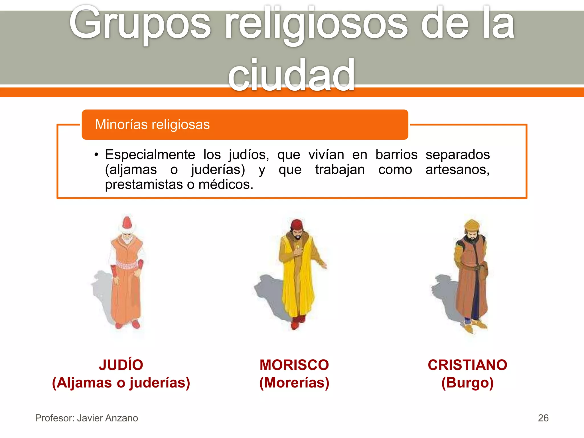 Minorías religiosas

             • Especialmente los judíos, que vivían en barrios separados
               (aljamas o juderías) y que trabajan como artesanos,
               prestamistas o médicos.




         JUDÍO                       MORISCO                  CRISTIANO
   (Aljamas o juderías)              (Morerías)                (Burgo)

Profesor: Javier Anzano                                                    26
 