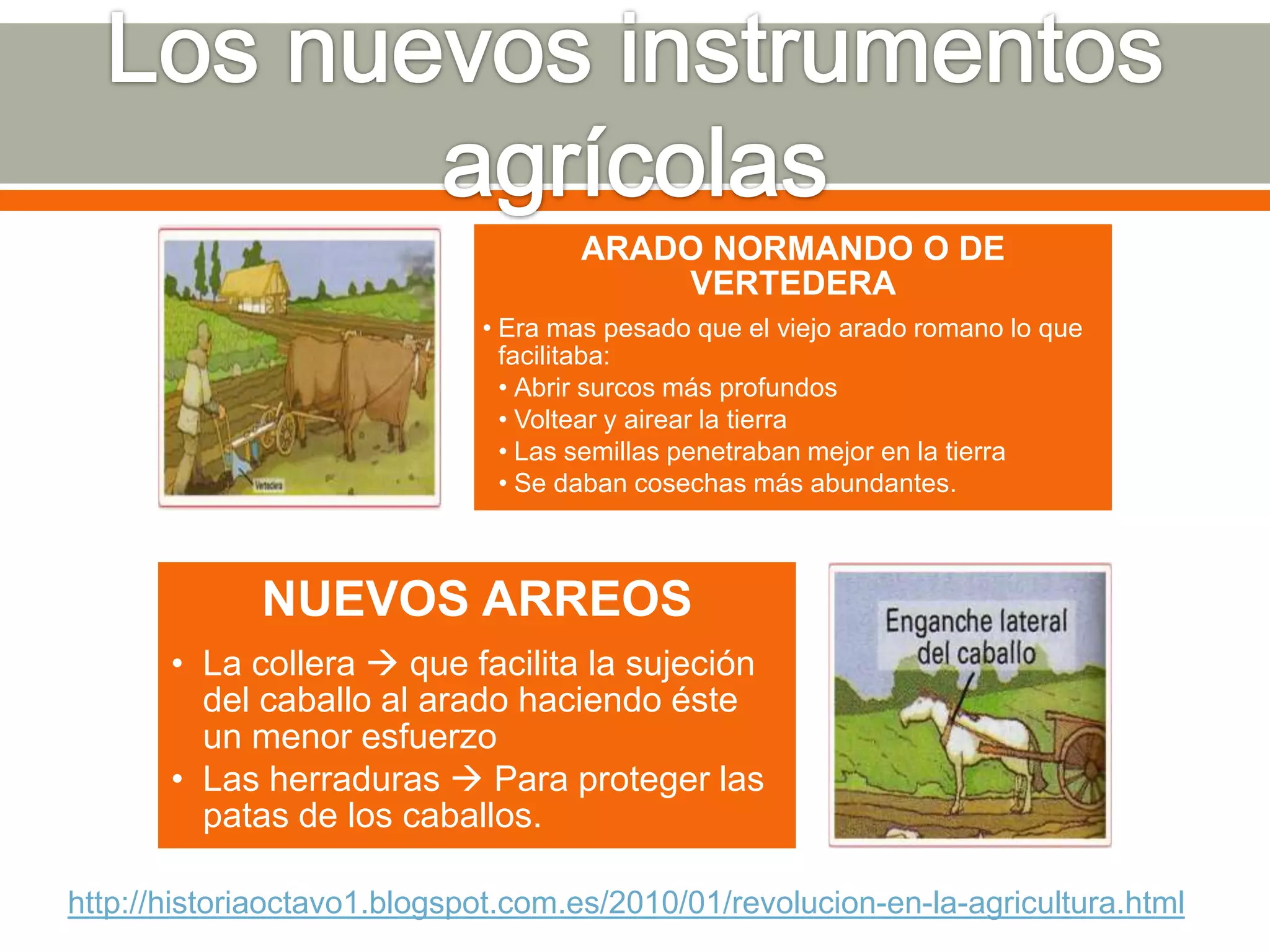 ARADO NORMANDO O DE
                                         VERTEDERA
                             • Era mas pesado que el viejo arado romano lo que
                               facilitaba:
                               • Abrir surcos más profundos
                               • Voltear y airear la tierra
                               • Las semillas penetraban mejor en la tierra
                               • Se daban cosechas más abundantes.



             NUEVOS ARREOS
       • La collera  que facilita la sujeción
         del caballo al arado haciendo éste
         un menor esfuerzo
       • Las herraduras  Para proteger las
         patas de los caballos.

http://historiaoctavo1.blogspot.com.es/2010/01/revolucion-en-la-agricultura.html
 