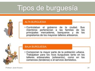 ALTA BURGUESIA

                          • Controlaban el gobierno de la ciudad. Sus
                            miembros pertenecían a las familias de los
                            principales mercaderes, banqueros y de los
                            propietarios de los mayores talleres artesanos.



                          BAJA BURGUESIA:

                          • Componían la mayor parte de la población urbana.
                            Trabajaban para los ricos burgueses tanto en los
                            talleres artesanales (artesanos), como en los
                            comercios (tenderos) o el servicio doméstico.


Profesor: Javier Anzano                                                        24
 