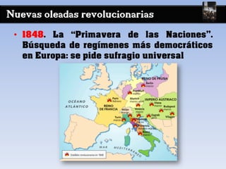 Nuevas oleadas revolucionarias
• 1848. La “Primavera de las Naciones”.
Búsqueda de regímenes más democráticos
en Europa: se pide sufragio universal
 