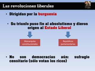 Las revoluciones liberales
• Dirigidas por la burguesía
• Su triunfo puso fin al absolutismo y dieron
origen al Estado Liberal
• No son democracias aún: sufragio
censitario (sólo votan los ricos)
Repúblicas
parlamentarias
Monarquías
constitucionales
 