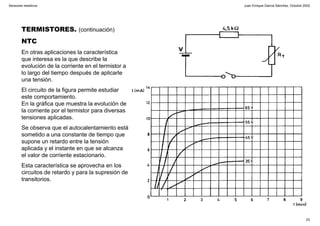 Juan Enrique García Sánchez, Octubre 2002
23
Sensores resistivos
TERMISTORES. (continuación)
NTC
En otras aplicaciones la característica
que interesa es la que describe la
evolución de la corriente en el termistor a
lo largo del tiempo después de aplicarle
una tensión.
El circuito de la figura permite estudiar
este comportamiento.
En la gráfica que muestra la evolución de
la corriente por el termistor para diversas
tensiones aplicadas.
Se observa que el autocalentamiento está
sometido a una constante de tiempo que
supone un retardo entre la tensión
aplicada y el instante en que se alcanza
el valor de corriente estacionario.
Esta característica se aprovecha en los
circuitos de retardo y para la supresión de
transitorios.
 