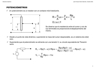 Juan Enrique García Sánchez, Octubre 2002
3
Sensores resistivos
POTENCIÓMETROS
Un potenciómetro es un resistor con un contacto móvil deslizante.L
x
R
Rp
10
x
L
Rp
x
A
L
A
R
≤α≤
=
ρ
=α
ρ
=
Se observa que la resistencia entre el cursor y uno de
sus terminales es proporcional al desplazamiento del
mismo.
Desde un punto de vista dinámico, suponiendo la masa del cursor despreciable, es un sistema de orden
cero.
Suponiendo que el potenciómetro se alimenta con una tensión V, su circuito equivalente de Thevenin
sería:
+
VT
RT
α=α=
α−α=
α−+α
α−α
=αα−=
VRp
Rp
V
V
)1(Rp
)1(RpRp
)1(RpRp
Rp//)1(RpR
T
T
 