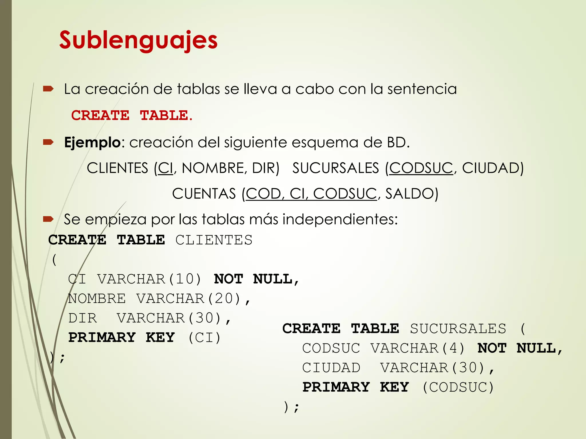Sublenguajes
 La creación de tablas se lleva a cabo con la sentencia
CREATE TABLE.
 Ejemplo: creación del siguiente esquema de BD.
CLIENTES (CI, NOMBRE, DIR) SUCURSALES (CODSUC, CIUDAD)
CUENTAS (COD, CI, CODSUC, SALDO)
 Se empieza por las tablas más independientes:
CREATE TABLE CLIENTES
(
CI VARCHAR(10) NOT NULL,
NOMBRE VARCHAR(20),
DIR VARCHAR(30),
PRIMARY KEY (CI)
);
CREATE TABLE SUCURSALES (
CODSUC VARCHAR(4) NOT NULL,
CIUDAD VARCHAR(30),
PRIMARY KEY (CODSUC)
);
 