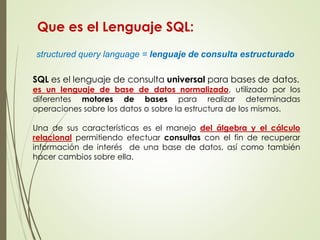 structured query language = lenguaje de consulta estructurado
SQL es el lenguaje de consulta universal para bases de datos...