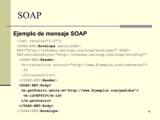 SOAP
Ejemplo de mensaje SOAP
 <?xml version="1.0"?>
 <SOAP-ENV:Envelope xmlns:SOAP-
 ENV="http://schemas.xmlsoap.org/soap/envelope/" SOAP-
 ENV:encodingStyle=”http://schemas.xmlsoap.org/soap/encoding”>
  <SOAP-ENV:Header>
   <h:transaction xmlns:h="http://www.Ejemplos.com/cabeceras">
    43
   </h:transaction>
  </SOAP-ENV:Header>
  <SOAP-ENV:Body>
   <m:getPrecio xmlns:m="http://www.Ejemplos.com/pedidos">
    <m:id>EF453</m:id>
   </m:getPrecio>
  </SOAP-ENV:Body>
 </SOAP-ENV:Envelope>                                          35
 