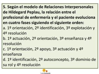 5. Según el modelo de Relaciones Interpersonales 
de Hildegard Peplau, la relación entre el 
profesional de enfermería y el paciente evoluciona 
en cuatro fases siguiendo el siguiente orden: 
a. 1º orientación, 2º identificación, 3º explotación y 
4º resolución 
b. 1º actuación, 2º orientación, 3º enseñanza y 4º 
resolución 
c. 1º orientación, 2º apoyo, 3º actuación y 4º 
enseñanza 
d. 1º identificación, 2º autoconcepto, 3º dominio de 
su rol y 4º resolución 
 