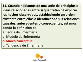 11. Cuando hablamos de una serie de principios e 
ideas relacionadas entre sí que tratan de explicar 
los hechos observados, estableciendo un orden 
existente entre ellos o identificando sus relaciones 
causales, antecedentes o consecuentes, estamos 
dando la definición de: 
a. Teoría de Enfermería 
b. Modelo de Enfermería 
c. Marco conceptual 
d. Tendencia de Enfermería 
 