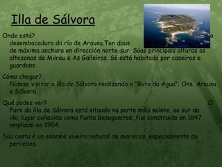 Illa de SálvoraOnde está?                                                                                            Na desembocadura da ría de Arousa.Ten dous                           kilómetros de máxima anchura en dirección norte-sur. Súas principais alturas os altozanos de Milreu e As Galleiras. Só está habitada por caseiros e guardans.Cómo chegar?                                                                                        Pódese visitar a illa de Sálvora realizando a "Ruta da Agua"; Ons, Arousa e SálvoraQué podes ver?                                                                                       O Faro da illa de Sálvora está situado na parte máis saínte, ao sur da illa, lugar coñecido como Punta Besugueiros; fue construido en 1847 ampliado en 1954.Súa costa é un enorme viveiro natural de mariscos, especialmente de percebes.