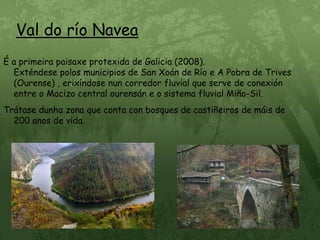 Val do río NaveaÉ a primeira paisaxe protexida de Galicia (2008).                            Exténdese polos municipios de San Xoán de Río e A Pobra de Trives (Ourense) , erixíndose nun corredor fluvial que serve de conexión entre o Macizo central ourensán e o sistema fluvial Miño-Sil.Trátase dunha zona que conta con bosques de castiñeiros de máis de 200 anos de vida.