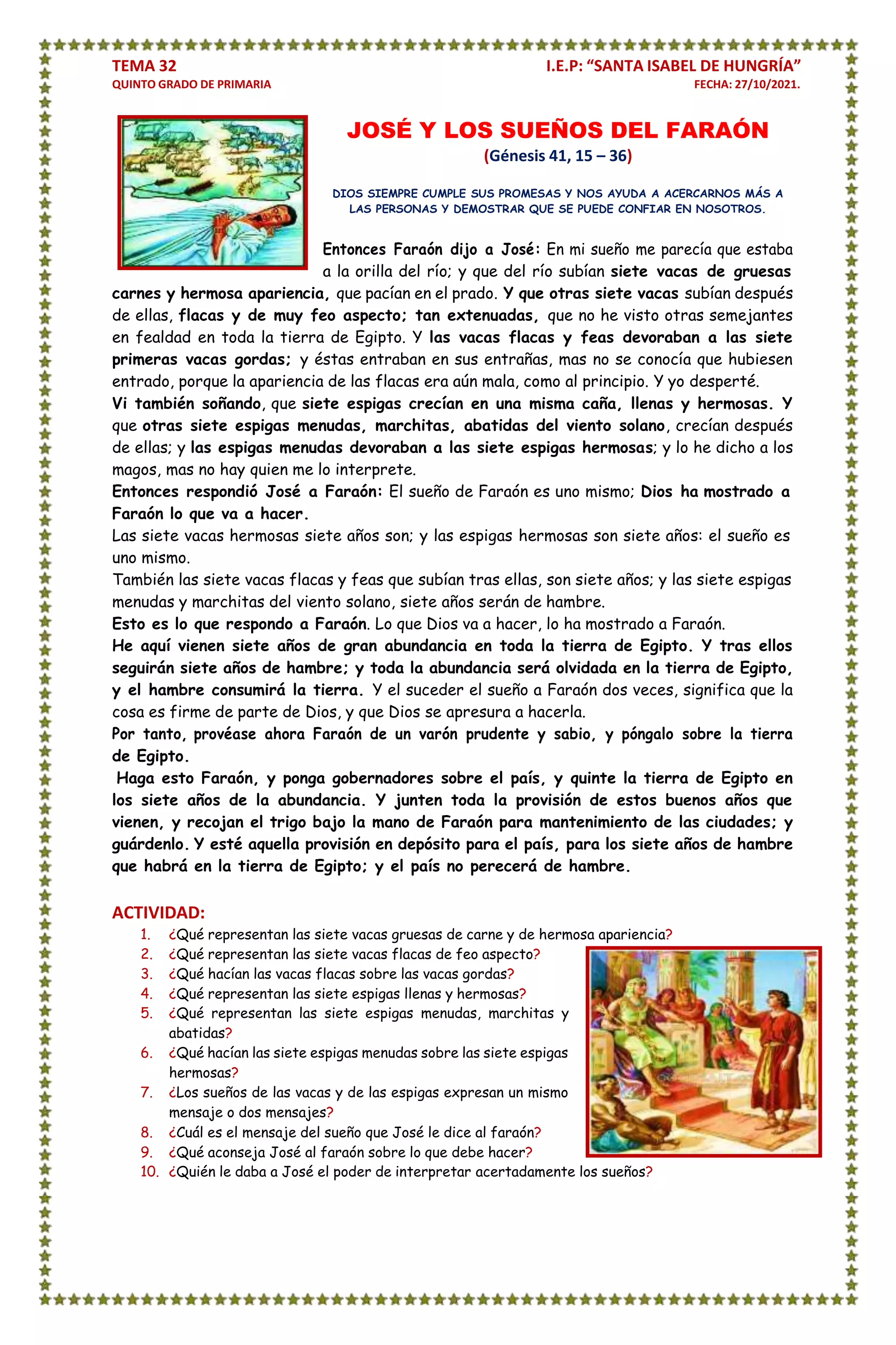 Tema 32. 5° primaria. relato biblico los sueños del faraón | PDF