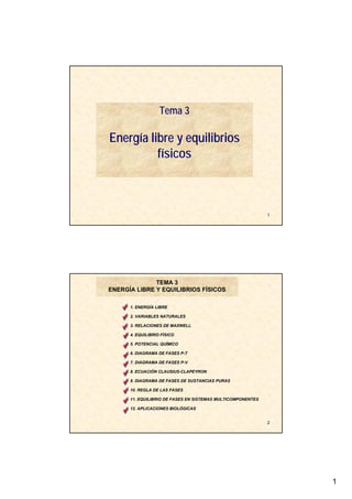 1
1
Tema 3
Energía libre y equilibrios
físicos
2
1. ENERGÍA LIBRE
TEMA 3
ENERGÍA LIBRE Y EQUILIBRIOS FÍSICOS
2. VARIABLES NATURALES
3. RELACIONES DE MAXWELL
4. EQUILIBRIO FÍSICO
5. POTENCIAL QUÍMICO
6. DIAGRAMA DE FASES P-T
7. DIAGRAMA DE FASES P-V
8. ECUACIÓN CLAUSIUS-CLAPEYRON
9. DIAGRAMA DE FASES DE SUSTANCIAS PURAS
10. REGLA DE LAS FASES
11. EQUILIBRIO DE FASES EN SISTEMAS MULTICOMPONENTES
12. APLICACIONES BIOLÓGICAS
 
