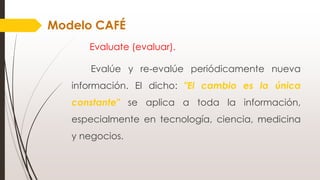 Evaluate (evaluar).
Evalúe y re‐evalúe periódicamente nueva
información. El dicho: "El cambio es la única
constante" se aplica a toda la información,
especialmente en tecnología, ciencia, medicina
y negocios.
Modelo CAFÉ
 