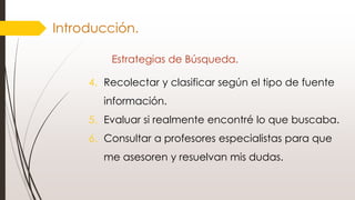 Introducción.
Estrategias de Búsqueda.
4. Recolectar y clasificar según el tipo de fuente
información.
5. Evaluar si realmente encontré lo que buscaba.
6. Consultar a profesores especialistas para que
me asesoren y resuelvan mis dudas.
 
