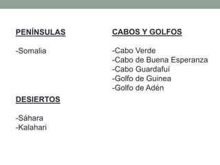PENÍNSULAS
-Somalia
CABOS Y GOLFOS
-Cabo Verde
-Cabo de Buena Esperanza
-Cabo Guardafuí
-Golfo de Guinea
-Golfo de Adén
DESIERTOS
-Sáhara
-Kalahari
 