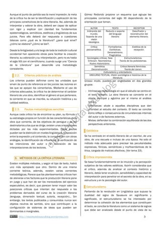 http://olasdeplatayazulblog.wordpress.com 3
Aunque el punto de partida sea la mera impresión, la meta
de la crítica ha de ser la identificación y explicación de los
principios constitutivos de la obra literaria. Así, además de
interpretar y valorar la obra, deberá ser capaz de aplicar
con rigor y explicar con claridad los fundamentos
epistemológicos, semióticos, estéticos y lingüísticos de sus
juicios. Para ello deberá dar respuesta a cuestiones
básicas como ¿qué es la literatura? ¿para qué sirve?
¿cómo se elabora? ¿cómo se lee?.
Desde la Antigüedad y a lo largo de toda la tradición cultural
occidental han aparecido obras para facilitar la creación
literaria, su valoración y su interpretación, pero no es hasta
el siglo XIX con el cientificismo, cuando surge una “Ciencia
de la Literatura” que desarrolle una metodología
consistente.
2.2. Criterios prácticos de análisis
Los criterios pueden definirse como las unidades que
sirven de punto de referencia en los juicios: las razones en
las que se apoyan los comentarios. Mediante el uso de
criterios adecuados, la crítica ha de determinar el carácter
literario de una obra, identificar el género al que pertenece,
la corriente en que se inscribe, su situación histórica y su
calidad estética.
2.3. Pautas metodológicas sencillas
Aunque cada crítico ha de encontrar su plan, su fórmula y
su estrategia propios en función de las características de la
obra que comenta, de los objetivos de persigue y de los
destinatarios a los que se dirige, existen unas orientaciones
dictadas por los más experimentados. Estas pautas
pueden ser la distinción en niveles lingüísticos, la oposición
entre la expresión y el contenido, la comparación con obras
análogas, la identificación de influencias, la verificación de
las intenciones del autor o la valoración de las
interpretaciones de los lectores.
3. MÉTODOS DE LA CRÍTICA LITERARIA
Existen múltiples métodos, y según el tipo de texto, habrá
uno más apropiado que otro. Dentro de una misma
corriente teórica, además, existen varias corrientes
metodológicas. Parece que los planteamientos críticos han
de atenerse a los factores que la producción literaria pone
en juego y que han de ser los merecedores del ejercicio
especulativo, es decir, que parecen tener mayor valor las
posiciones críticas que intentan dar respuesta a los
problemas derivados del curso de la creación literaria
(lenguaje, dimensión textual, autoría, recepción)… Sin
embargo, los textos publicados y consumidos nunca son
objetos neutros de sentido, sino que contribuyen a la
configuración de sistemas de ideas que pueden ser
dominantes o marginales.
Gómez Redondo propone un esquema que agrupa las
principales corrientes del siglo XX dependiendo de la
orientación que toman.
AUTOR TEXTO RECEPTOR
Intérprete del
mundo.
Soporte de una
visión
ideológica.
Reducto o soporte
del lenguaje
literario
Descifrador y
reconstructor del
elemento literario.
Crítica
psicoanalítica.
Formalismos.
Estilísticas.
Generativismo.
Pragmática.
Estética de la
recepción.
Sociologías críticas. New
Criticism. Neorretórica.
Nuevo historicismo.
Estructuralismos.
Teoría de los polisistemas.
Semiótica.
Deconstrucción.
Crítica literaria feminista.
Teoría del canon.
Culturalismo y orientalismo.
DISCURSO TEXTUAL: Visión sociológica e histórica de la
literatura.
Grosso modo, pueden ser englobadas en dos grandes
grupos:
- Intrínsecas: metodología en que el estudio se centra en
el texto literario. La obra literaria se convierte en el
objeto principal y aglutina por sí misma el análisis
teórico.
- Extrínsecas: alude a aquellas disciplinas que dan
prioridad al estudio del contexto. El texto se concibe
como reflejo o consecuencia de circunstancias internas
del autor o de factores externos.
- Mixtas: defienden la combinación equilibrada de las dos
perspectivas anteriores.
Estilística
Se ha centrado en el estilo literario de un escritor, de una
obra, de una escuela e incluso de una época. Ha sido el
método más adecuado para precisar las peculiaridades
expresivas, fónicas, semánticas y morfosintácticas de la
lírica, cargada de matices afectivos. (Ver tema 33).
Crítica impresionista
Se basa fundamentalmente en la intuición y la percepción
subjetiva de los valores estéticos. Azorín consideraba que
el crítico, además de analizar el contexto histórico y
literario, debía tener erudición, sensibilidad y capacidad de
interpretación para penetrar en el secreto de la obra, en su
estructura y en la psicología del autor.
Estructuralismo
Partiendo de la revolución en Lingüística que supuso la
dualidad del signo de Saussure en significante y
significado, el estructuralismo se ha interesado por
determinar la cohesión de los elementos que constituyen
el texto, se concibe la literatura como un sistema de signos
que debe ser analizado desde el punto de vista de su
 