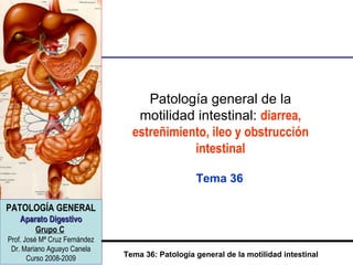 Patología general de la motilidad intestinal:  diarrea, estreñimiento, ileo y obstrucción intestinal Tema 36 