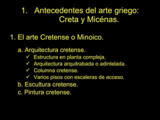 Antecedentes del arte griego:  Creta y Micénas. 1. El arte Cretense o Minoico. a. Arquitectura cretense. Estructura en planta compleja. Arquitectura arquitrabada o adintelada. Columna cretense. Varios pisos con escaleras de acceso. b. Escultura cretense. c. Pintura cretense. 