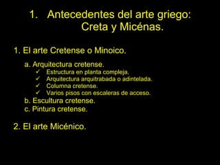 Antecedentes del arte griego:  Creta y Micénas. 1. El arte Cretense o Minoico. a. Arquitectura cretense. Estructura en planta compleja. Arquitectura arquitrabada o adintelada. Columna cretense. Varios pisos con escaleras de acceso. b. Escultura cretense. c. Pintura cretense. 2. El arte Micénico. 