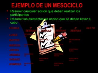 EJEMPLO DE UN MESOCICLOEJEMPLO DE UN MESOCICLO
 Resumir cualquier acción que deban realizar los
participantes
 Resumir los elementos de acción que se deben llevar a
cabo
FECHASFECHAS 1ª1ª
SEMANASEMANA
2ª2ª
SEMANASEMANA
3ª3ª
SEMANASEMANA
4ª4ª
SEMANASEMANA
RESTORESTO
LUNESLUNES RESISTENCIARESISTENCIA
CCCC
RESISTENCIARESISTENCIA
IntervalInterval
MARTESMARTES RESISTENCIARESISTENCIA
FartlekFartlek
RESISTENCIARESISTENCIA
CCCC
MIÉRCOLMIÉRCOL RESISTENICARESISTENICA
CCCC
RESISTENCIARESISTENCIA
IntervalInterval
JUEVESJUEVES RESISTENCIARESISTENCIA
FartlekFartlek
RESISTENCIARESISTENCIA
FartlekFartlek
VIERNESVIERNES RESISTENCIARESISTENCIA
CCCC
RESISTENCIARESISTENCIA
IntervalInterval
SÁBADOSÁBADO RESISTENCIARESISTENCIA
FartlekFartlek
RESISTENCIARESISTENCIA
IntervalInterval
DOMINGODOMINGO RESISTENCIARESISTENCIA
CCCC
RESISTENCIARESISTENCIA
IntervalInterval
 