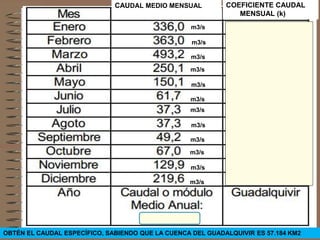 CAUDAL MEDIO MENSUAL COEFICIENTE CAUDAL
MENSUAL (k)
OBTÉN EL CAUDAL ESPECÍFICO, SABIENDO QUE LA CUENCA DEL GUADALQUIVIR ES 57.184 KM2
m3/s
m3/s
m3/s
m3/s
m3/s
m3/s
m3/s
m3/s
m3/s
m3/s
m3/s
m3/s
 