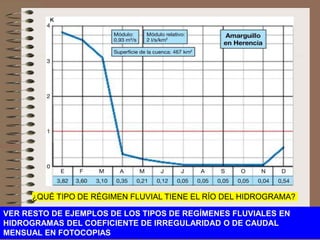 VER RESTO DE EJEMPLOS DE LOS TIPOS DE REGÍMENES FLUVIALES EN
HIDROGRAMAS DEL COEFICIENTE DE IRREGULARIDAD O DE CAUDAL
MENSUAL EN FOTOCOPIAS
¿QUÉ TIPO DE RÉGIMEN FLUVIAL TIENE EL RÍO DEL HIDROGRAMA?
 