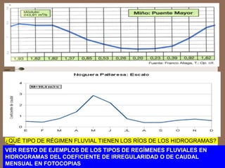 VER RESTO DE EJEMPLOS DE LOS TIPOS DE REGÍMENES FLUVIALES EN
HIDROGRAMAS DEL COEFICIENTE DE IRREGULARIDAD O DE CAUDAL
MENSUAL EN FOTOCOPIAS
¿QUÉ TIPO DE RÉGIMEN FLUVIAL TIENEN LOS RÍOS DE LOS HIDROGRAMAS?
 