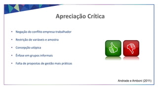 Apreciação Crítica
• Negação do conflito empresa-trabalhador
• Restrição de variáveis e amostra
• Concepção utópica
• Ênfase em grupos informais
• Falta de propostas de gestão mais práticas
Andrade e Amboni (2011)
 