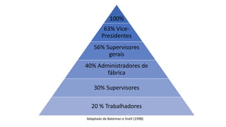 Adaptado de Bateman e Snell (1998)
100%
63% Vice-
Presidentes
56% Supervisores
gerais
40% Administradores de
fábrica
30% Supervisores
20 % Trabalhadores
 