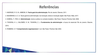 Referências
1. ANDRADE, R. O. B.; AMBONI, N. Teoria geral da administração. Rio de Janeiro: Elsevier, 2011.
2. MAXIMIANO, A. C. A. Teoria geral da administração: da revolução urbana à revolução digital. São Paulo: Atlas, 2017.
3. SOBRAL, F.; PECI, A. Administração: teoria e prática no contexto brasileiro. São Paulo: Pearson Prentice Hall, 2008.
4. TEIXEIRA, H. J.; SALOMÃO, S. M.; TEIXEIRA, C. J. Fundamentos da administração: a busca do essencial. Rio de Janeiro: Elsevier,
2010.
5. ROBBINS, S. P. Comportamento organizacional. 9. ed. São Paulo: Prentice Hall, 2002.
 