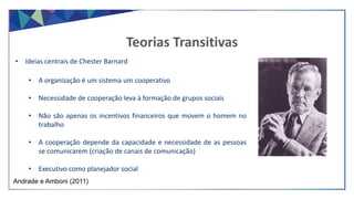 • Ideias centrais de Chester Barnard
• A organização é um sistema um cooperativo
• Necessidade de cooperação leva à formação de grupos sociais
• Não são apenas os incentivos financeiros que movem o homem no
trabalho
• A cooperação depende da capacidade e necessidade de as pessoas
se comunicarem (criação de canais de comunicação)
• Executivo como planejador social
Teorias Transitivas
Andrade e Amboni (2011)
 