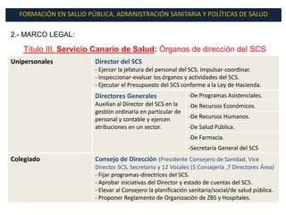 FORMACIÓN EN SALUD PÚBLICA, ADMINISTRACIÓN SANITARIA Y POLÍTICAS DE SALUD

2.- MARCO LEGAL:

   Título III. Servicio Canario de Salud: Órganos de dirección del SCS
Unipersonales           Director del SCS
                        - Ejercer la jefatura del personal del SCS. Impulsar-coordinar.
                        - Inspeccionar-evaluar los órganos y actividades del SCS.
                        - Ejecutar el Presupuesto del SCS conforme a la Ley de Hacienda.
                        Directores Generales                  -De Programas Asistenciales.
                        Auxilian al Director del SCS en la    -De Recursos Económicos.
                        gestión ordinaria en particular de
                        personal y contable y ejercen         -De Recursos Humanos.
                        atribuciones en un sector.            -De Salud Pública.
                                                              -De Farmacia.
                                                              -Secretaría General del SCS
Colegiado               Consejo de Dirección (Presidente Consejero de Sanidad, Vice
                        Director SCS, Secretario y 12 Vocales (5 Consejería ,7 Directores Área)
                        - Fijar programas-directrices del SCS.
                        - Aprobar iniciativas del Director y estado de cuentas del SCS.
                        - Elevar al Consejero la planificación sanitaria/social/de salud pública.
                        - Proponer Reglamento de Organización de ZBS y Hospitales.
 