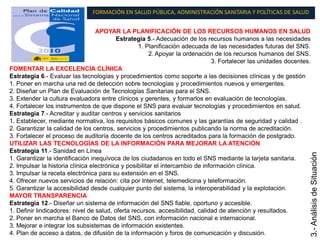 FORMACIÓN EN SALUD PÚBLICA, ADMINISTRACIÓN SANITARIA Y POLÍTICAS DE SALUD


                                  APOYAR LA PLANIFICACIÓN DE LOS RECURSOS HUMANOS EN SALUD
                                          Estrategia 5.- Adecuación de los recursos humanos a las necesidades
                                                  1. Planificación adecuada de las necesidades futuras del SNS.
                                                        2. Apoyar la ordenación de los recursos humanos del SNS.
                                                                               3. Fortalecer las unidades docentes.
FOMENTAR LA EXCELENCIA CLÍNICA
Estrategia 6.- Evaluar las tecnologías y procedimientos como soporte a las decisiones clínicas y de gestión
1. Poner en marcha una red de detección sobre tecnologías y procedimientos nuevos y emergentes.
2. Diseñar un Plan de Evaluación de Tecnologías Sanitarias para el SNS.
3. Extender la cultura evaluadora entre clínicos y gerentes, y formarlos en evaluación de tecnologías.
4. Fortalecer los instrumentos de que dispone el SNS para evaluar tecnologías y procedimientos en salud.
Estrategia 7.- Acreditar y auditar centros y servicios sanitarios
1. Establecer, mediante normativa, los requisitos básicos comunes y las garantías de seguridad y calidad .
2. Garantizar la calidad de los centros, servicios y procedimientos publicando la norma de acreditación.
3. Fortalecer el proceso de auditoría docente de los centros acreditados para la formación de postgrado.
UTILIZAR LAS TECNOLOGÍAS DE LA INFORMACIÓN PARA MEJORAR LA ATENCIÓN
Estrategia 11.- Sanidad en Línea




                                                                                                                      3.- Análisis de Situación
1. Garantizar la identificación inequívoca de los ciudadanos en todo el SNS mediante la tarjeta sanitaria.
2. Impulsar la historia clínica electrónica y posibilitar el intercambio de información clínica.
3. Impulsar la receta electrónica para su extensión en el SNS.
4. Ofrecer nuevos servicios de relación: cita por Internet, telemedicina y teleformación.
5. Garantizar la accesibilidad desde cualquier punto del sistema, la interoperabilidad y la explotación.
MAYOR TRANSPARENCIA
Estrategia 12.- Diseñar un sistema de información del SNS fiable, oportuno y accesible.
1. Definir lindicadores: nivel de salud, oferta recursos, accesibilidad, calidad de atención y resultados.
2. Poner en marcha el Banco de Datos del SNS, con información nacional e internacional.
3. Mejorar e integrar los subsistemas de información existentes.
4. Plan de acceso a datos, de difusión de la información y foros de comunicación y discusión.
 