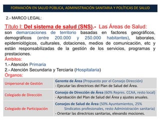 FORMACIÓN EN SALUD PÚBLICA, ADMINISTRACIÓN SANITARIA Y POLÍTICAS DE SALUD

2.- MARCO LEGAL:

Título I: Del sistema de salud (SNS).- Las Áreas de Salud:
son demarcaciones de territorio basadas en factores geográficos,
demográficos (entre 200.000 y 250.000 habitantes), laborales,
epidemiológicos, culturales, dotaciones, medios de comunicación, etc y
están responsabilizadas de la gestión de los servicios, programas y
prestaciones.
Ámbitos:
1.- Atención Primaria
2.- Atención Secundaria y Terciaria (Hospitalaria)
Órganos:
                             Gerente de Área (Propuesto por el Consejo Dirección)
Unipersonal de Gestión
                             - Ejecutar las directrices del Plan de Salud del Área.
                             Consejo de Dirección de Área (60% Repres. CCAA, resto local)
Colegiado de Dirección
                             - Aprobación del Plan de Salud del Área y ajustes anuales.
                             Consejos de Salud de Área (50% Ayuntamientos, 25%
Colegiado de Participación         Sindicatos profesionales, resto Administración sanitaria)
                             - Orientar las directrices sanitarias, elevando mociones.
 