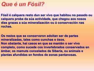 Fósil é calquera resto dun ser vivo que habitou no pasado ou
calquera proba da súa actividade, que chegou aos nosos
días grazas a súa mineralización ou á conservación nas
rochas.

Os restos que se conservaron adoitan ser de partes
mineralizadas, tales como cunchas e ósos.
Non obstante, hai casos en que se mantén o ser vivo
completo, como sucede cos invertebrados conservados en
ámbar, os mamuts conxelados de Siberia, ou animais e
plantas afundidas en fondos de zonas pantanosas.
 