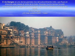 ElEl río Gangesrío Ganges es uno de los grandes ríos del subcontinente indio, que fluye enes uno de los grandes ríos del subcontinente indio, que fluye en
dirección este desde el norte de la India. Durante mucho tiempo ha sidodirección este desde el norte de la India. Durante mucho tiempo ha sido
considerado un río sagrado por los hindúes, que lo han adorado como la diosaconsiderado un río sagrado por los hindúes, que lo han adorado como la diosa
hindú.hindú.
El rio Ganges.El rio Ganges.
( El más contaminado) . Video.( El más contaminado) . Video.
 