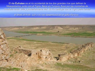 ElEl río Éufratesrío Éufrates es el río occidental de los dos grandes ríos que definen laes el río occidental de los dos grandes ríos que definen la
Mesopotamia, junto con el Tigris. Nace en Turquía, fluye por las montañas deMesopotamia, junto con el Tigris. Nace en Turquía, fluye por las montañas de
Anatolia hacia Siria y posteriormente Irak. El río confluye con el Tigris para formarAnatolia hacia Siria y posteriormente Irak. El río confluye con el Tigris para formar
el Shatt al-Arab, que a su vez desemboca en el golfo Pérsico.el Shatt al-Arab, que a su vez desemboca en el golfo Pérsico.
 