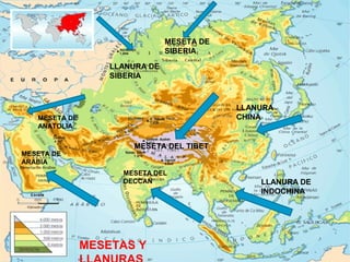 Los limites de Asia se encuentran: Por el norte El Océano Glacial ártico.Los limites de Asia se encuentran: Por el norte El Océano Glacial ártico.
En el Sur el océano Indico. En el este, el océano Pacifico. En el OesteEn el Sur el océano Indico. En el este, el océano Pacifico. En el Oeste
Los montes Urales que separa Asia de Europa, y el mar Rojo.Los montes Urales que separa Asia de Europa, y el mar Rojo.
LLANURA DE
SIBERIA
MESETA DE
SIBERIA
LLANURA
CHINA
MESETA DEL TIBET
MESETA DEL
DECCAN
MESETA DE
ARABIA
MESETA DE
ANATOLIA
MESETAS Y
LLANURA DE
INDOCHINA
 