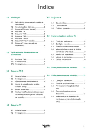 2
S
5.0 Esquema IT
5.1 Características........................................7
5.2 Conseqüências.......................................7
5.3 Projeto e operação..................................8
6.0 Implementação do sistema TN
6.1 Condições preliminares............................8
6.2 Condições impostas................................9
6.3 Proteção contra contatos indiretos............9
6.4 Métodos de determinação do nível de
corrente de curto-circuito..........................9
6.5 Método das impedâncias........................10
6.6 Método da composição..........................10
6.7 Método convencional..............................10
7.0 Proteção em áreas de alto risco.............12
8.0 Proteção em áreas de alto risco.............13
8.1 Condições preliminares..........................13
8.2 Condição de primeira falta......................13
8.3 Princípio da monitoração de falta à
terra.....................................................13
8.4 Exemplos de equipamentos e
dispositivos...........................................13
8.5 Implementação de dispositivos de
monitoração permanente de isolação
(PIM)....................................................14
Índice
1.0 Introdução
1.1 Definição dos esquemas padronizados de
aterramento............................................2
1.2 Caracterização e objetivos........................2
1.3 Esquema TT (neutro aterrado)..................2
1.4 Esquema TN...........................................2
1.5 Esquema TN-C........................................2
1.6 Esquema TN-S........................................2
1.7 Esquema TN-C-S....................................2
1.8 Esquema IT(neutro isolado)......................3
1.9 Esquema IT (neutro aterrado por
impedância)............................................3
2.0 Características dos esquemas de
aterramento
2.1 Esquema TN-C........................................3
2.1.1 Características........................................3
2.1.2 Conseqüências.......................................3
3.0 Esquema TN-S
3.1 Características........................................5
3.2 Conseqüências.......................................5
3.3 Compatibilidade eletromagnética...............5
3.4 Arranjo da proteção contra contatos
indiretos e fogo........................................5
3.5 Projeto e operação..................................6
3.6 Qualquer modificação da instalação requer
um rearranjo e verificação das condições
de proteção.............................................6
4.0 Esquema TT
4.1 Características........................................6
4.2 Conseqüências.......................................6
 