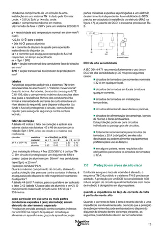 13S
O máximo comprimento de um circuito de uma
instalação em um sistema TN é dado pela fórmula:
Lmáx. = 0,8 Uo Sph/ ρ(1+m) Ia, onde:
Lmax.= comprimento máximo em metros
Uo= tensão de fase = 220 V para um sistema 220/380 V
ρρρρρ = resistividade sob temperatura normal em ohm-mm2
/
metro
=22,5x 10-3 para o cobre
= 36x 10-3 para o alumínio
Ia = corrente de disparo de ajuste para operação
instantânea do disjuntor ou,
Ia = a corrente que assegura a operação do fusível
respectivo, no tempo especificado
m = Sph / SPE
Sph = seção transversal dos condutores fase do circuito
em mm2
SPE = seção transversal do condutor de proteção em
mm2
tabelas
As tabelas seguintes aplicáveis a sistemas TN foram
estabelecidas de acordo com o “método convencional”
descrito acima. As tabelas, de acordo com o guia UTE
C15-105, dão o comprimento máximo dos circuitos alem
dos quais a resistência ôhmica dos condutores irão
limitar a intensidade da corrente de curto circuito a um
nível abaixo do requerido para disparar o disjuntor (ou
fundir o fusível) protegendo o circuito, com suficiente
rapidez para assegurar segurança contra contato
indireto.
fator de correção
A tabela 42 indica o fator de correção a aplicar aos
valores dados nas tabelas 43 a 46 de acordo com a
relação Sph / SPE, o tipo do circuito e o material dos
condutores.
circuito metálico m = SPH/SPE (or PEN)
material m = 1 m = 2 m = 3 m = 4
3P + N or P + N cobre 1 0.67 0.50 0.40
alumínio 0.62 0.42 0.31 0.25
Uma instalação trifásica 4 fios (220/380 V) é do tipo TN-
C. Um circuito é protegido por um disjuntor de 63A e
possui cabos de alumínio com 50mm2
nos condutores
fase (Sph) e 25 mm2
(Spen) no condutor PEN.
Qual é o máximo comprimento do circuito, abaixo do
qual a proteção das pessoas contra contatos indiretos, é
assegurada pelo disparo do relé magnético instantâneo
do disjuntor?
A tabela 44 dá 617 metros, para o qual deve ser aplicado
o fator 0,42 (tabela 42 para cabo de alumínio e m=2). O
comprimento máximo do circuito será: 617x0,42 =
259metros.
caso particular em que uma ou mais partes
condutoras expostas é (são) aterrada(s) em um
eletrodo de aterramento separado
Precisa ser prevista proteção contra contatos indiretos
por um DCD na origem de qualquer circuito que
alimente um aparelho e ou grupo de aparelhos, cujas
partes metálicas expostas sejam ligadas a um eletrodo
de aterramento independente. A sensibilidade do DCD
precisa ser adaptada à resistência do eletrodo (RA2 na
figura 47). A jusante do DCD, o esquema precisa ser TN-
S.
RA 2RA 1
a distant location
DCD de alta sensibilidade
A IEC 364-4-471 recomenda fortemente o uso de um
DCD de alta sensibilidade (≤ 30 mA) nos seguintes
casos:
n circuitos de tomadas com correntes nominais
≤ 32 A em qualquer local,
n circuitos de tomadas em locais úmidos e
qualquer corrente,
n circuitos de tomadas em instalações
temporárias,
n circuitos alimentando lavanderias e piscinas,
n circuitos de alimentação de campings, barcos
de recreio e feiras ambulantes.
Esta proteção pode ser para circuitos
individuais ou para grupos de circuitos,
nfortemente recomendado para circuitos de
tomadas ≥ 20 A ( obrigatório se eles são
destinados ou podem alimentar equipamentos
portáteis para uso ao tempo),
n em alguns paises, estes requisitos são
obrigatórios para todos os circuitos de tomadas
≤ 32 A.
7.0 Proteção em áreas de alto risco
Em locais em que o risco de incêndio é elevado, o
esquema TN-C é proibido e o sistema TN-S precisa ser
adotado. A proteção por um DCD de sensibilidade 500
mA na origem do circuito que alimenta locais com risco
de incêndio é obrigatório em alguns paises.
quando a impedância do laço de corrente de falta
é particularmente alto
Quando a corrente de falta à terra é restrita devido a uma
impedância inevitavelmente alta, de modo que a proteção
de sobrecorrente não pode ser baseada no disparo do
disjuntor do circuito dentro do tempo prescrito, as
seguintes possibilidades devem ser consideradas:
a distant location
RA2RA1
 