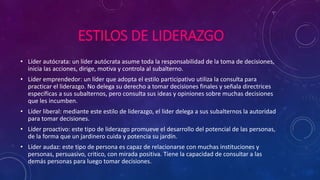 ESTILOS DE LIDERAZGO
• Líder autócrata: un líder autócrata asume toda la responsabilidad de la toma de decisiones,
inicia las acciones, dirige, motiva y controla al subalterno.
• Líder emprendedor: un líder que adopta el estilo participativo utiliza la consulta para
practicar el liderazgo. No delega su derecho a tomar decisiones finales y señala directrices
específicas a sus subalternos, pero consulta sus ideas y opiniones sobre muchas decisiones
que les incumben.
• Líder liberal: mediante este estilo de liderazgo, el líder delega a sus subalternos la autoridad
para tomar decisiones.
• Líder proactivo: este tipo de liderazgo promueve el desarrollo del potencial de las personas,
de la forma que un jardinero cuida y potencia su jardín.
• Líder audaz: este tipo de persona es capaz de relacionarse con muchas instituciones y
personas, persuasivo, critico, con mirada positiva. Tiene la capacidad de consultar a las
demás personas para luego tomar decisiones.
 