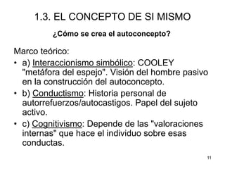 11
1.3. EL CONCEPTO DE SI MISMO
Marco teórico:
• a) Interaccionismo simbólico: COOLEY
"metáfora del espejo". Visión del hombre pasivo
en la construcción del autoconcepto.
• b) Conductismo: Historia personal de
autorrefuerzos/autocastigos. Papel del sujeto
activo.
• c) Cognitivismo: Depende de las "valoraciones
internas" que hace el individuo sobre esas
conductas.
¿Cómo se crea el autoconcepto?
 