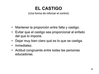 32
EL CASTIGO
(Una forma de reforzar el control)
• Mantener la proporción entre falta y castigo.
• Evitar que el castigo sea proporcional al enfado
del que lo impone.
• Dejar muy bien claro qué es lo que se castiga.
• Inmediatez.
• Actitud congruente entre todas las personas
educadoras.
 
